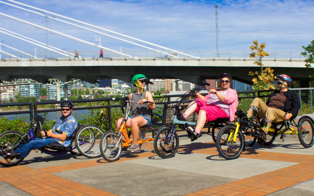 Adaptive cycles for rent in Portland, including hand cycle, tricycle, recumbent bikes.